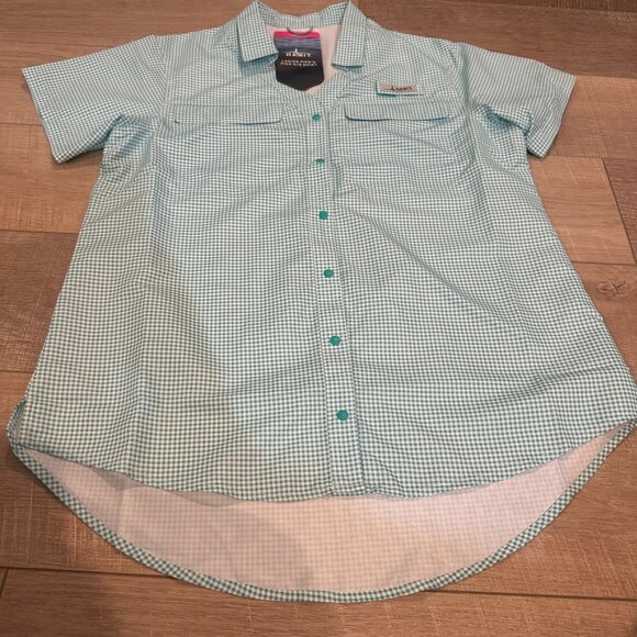 HABIT OUTDOORS WOMENS MEDIUM TURQUOISE PLAID MEDIUM BUTTON SHIRT NEW - Picture 2 of 13